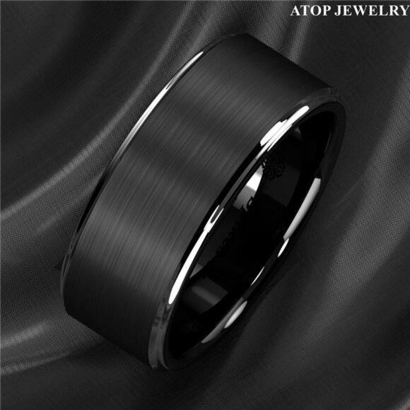 Men's Wedding Band - Black Brushed Silver Stripe Ring for Men - Wedding Rings - Picture 2 of 5